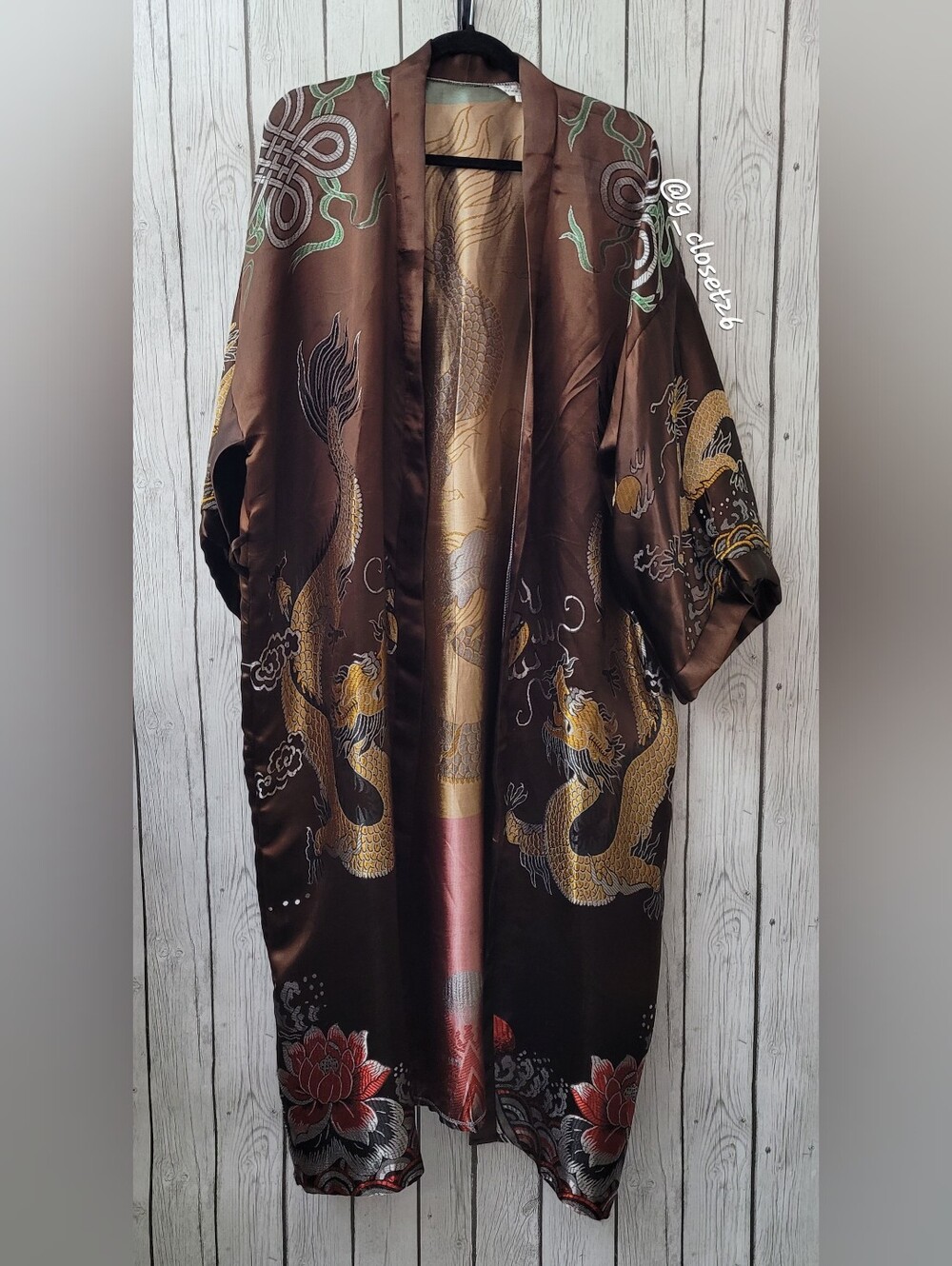 Brown Embroidered Dragon Satin Kimono Jacket